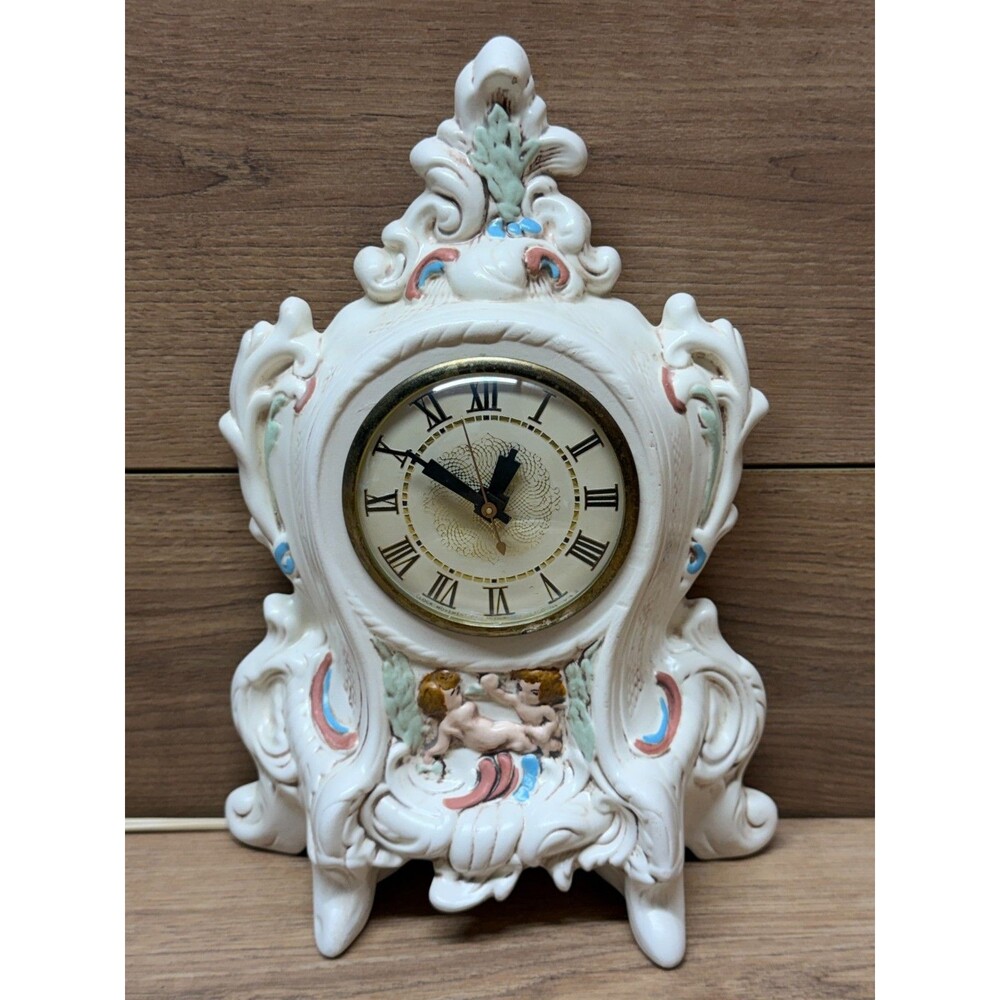 Vintage Lanshire Holland Mold Ceramic Cherub Mantle Desk Clock USA Made Works
